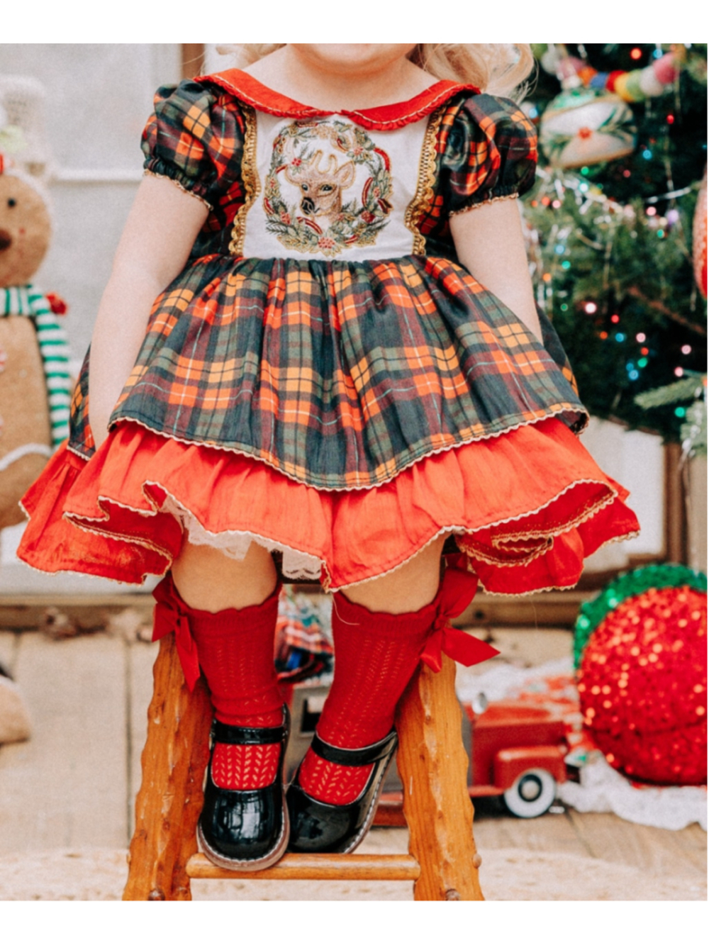Oh Shana Toddler Christmas Plaid Oh Deer Dress Red Green Size 2T